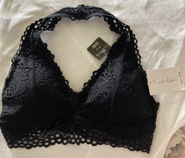 FRENCH AFFAIR LACE Overlay Halter Style Bralette Medium Black Removable ...