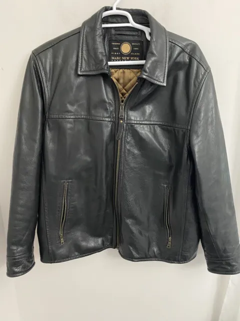 Marc New York Mens Bomber Black Heavy Leather Jacket Quilt Lining Button Size XL