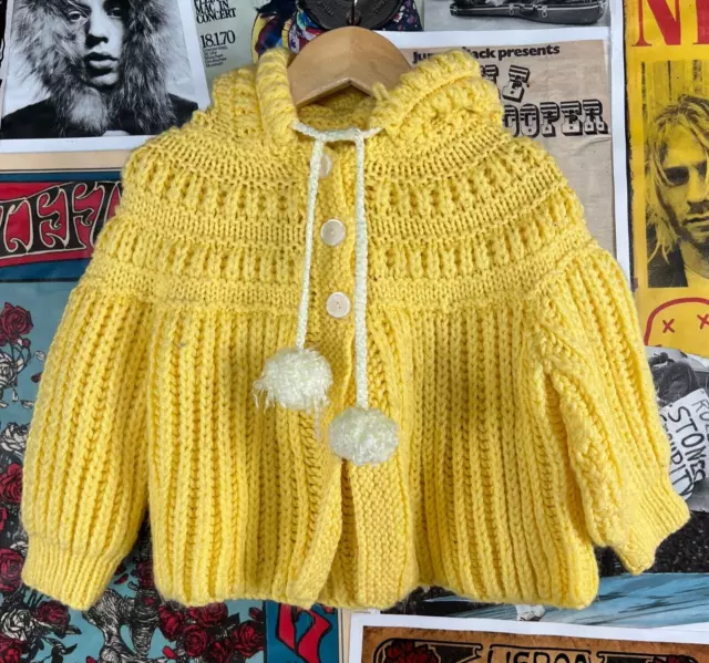 Vintage Baby Kids Girls 60s-70s Yellow Hooded Knit Tassel Pom Cardigan Sweater