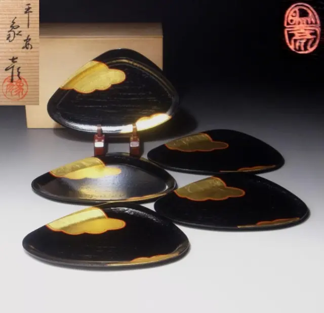 $JC99 Japanese 5 Lacquered Wooden Tea Plates by Great Artisan, Heian Zohiko