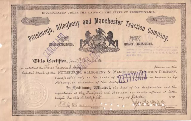 1890 Pittsburgh, Allegheny & Manchester Traction Co - Kapitalstockzertifikat