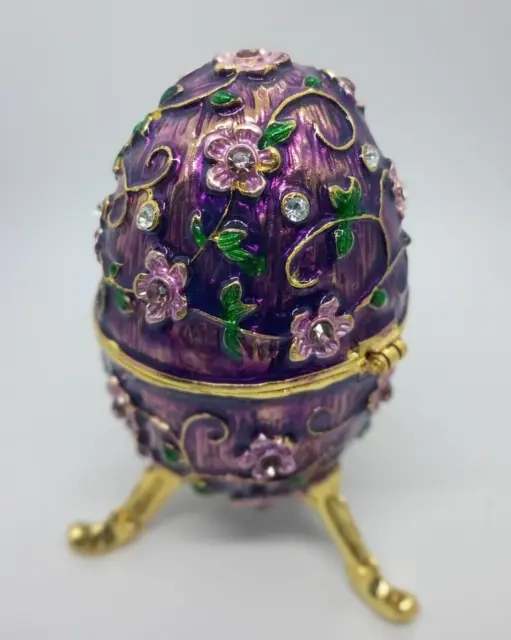 Bejeweled Purple Faberge Egg Hinged Metal Enameled Crystal Trinket box