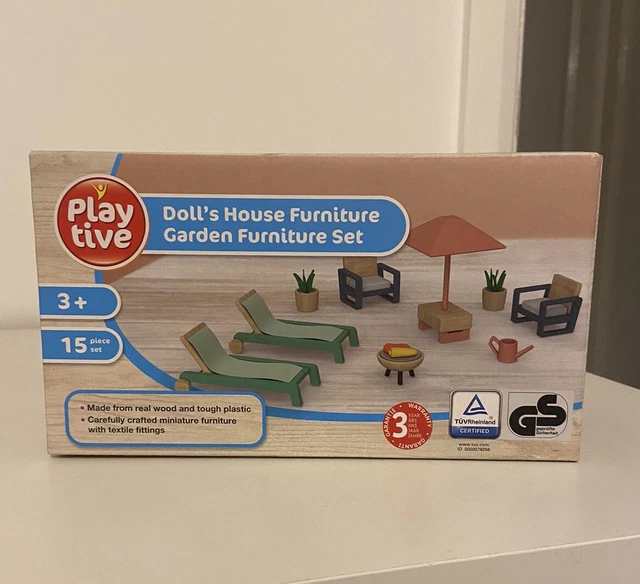Playtive Wooden Dolls House Furniture Garden Set 15 Piece BBQ Food Plants Chairs
