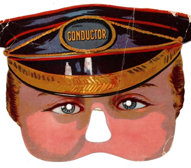 Antique Victorian Die Cut & embossed fancy dress mask Conductor 1880s #50 rare 3