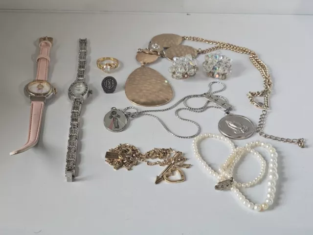 Vintage Junk Drawer Lot Jewelry Ring Watches Religious Pins Necklace More #59