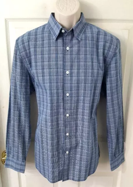Perry Ellis Mens Long Sleeve Button Front Shirt Blue White 100% Cotton Sz Lg EUC