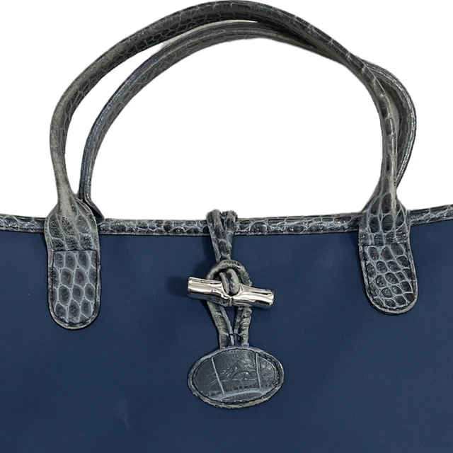 Authentic Longchamp Roseau Navy Canvas Croc Leather Women Purse Bag - Vintage 3