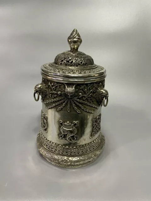Exquisite Old Chinese tibet silver handcarved eight treasures jar pots 6059 4