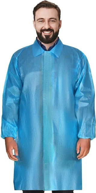 Disposable Lab Coats. Pack of 10 Blue Waterproof PE + PP 40 gsm Work Gowns