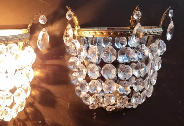 Vintage Pair French Crystal Glass Demilune Wall Lights With Mirror Backs