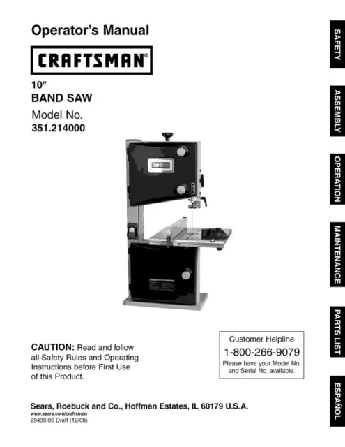 Owner's Manual & Parts List  Sears Craftsman 10" Band Saw - Model 351.214000