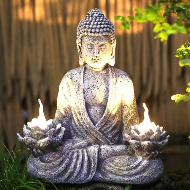 Buddha Statue Zen Sculpture 11.4In Large Size,Yoga Garden Decor with LED Solar L