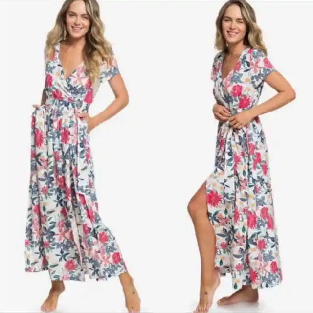 Roxy District Nights Floral Print Short Sleeve Maxi Dress Size 10