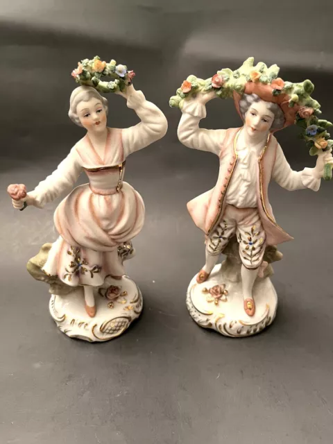 Pair of 1918 Antique SITZENDORF DRESDEN Porcelain Man Woman Dancing Figurine.