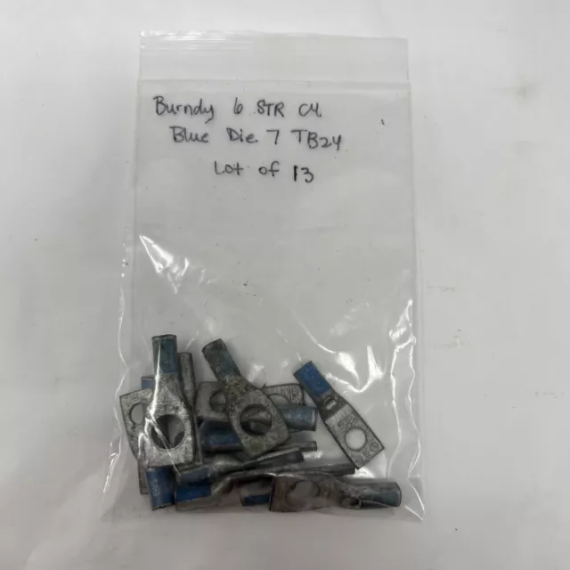 BURNDY 6 STR CU Blue Die TB24, One Hole Barrel Crimp Lug (Lot of 13)