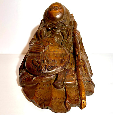 Antique HAND CARVED BAMBOO ROOT CHINESE BUDDHA SHOU LAO LONGEVITY GOD STATUE