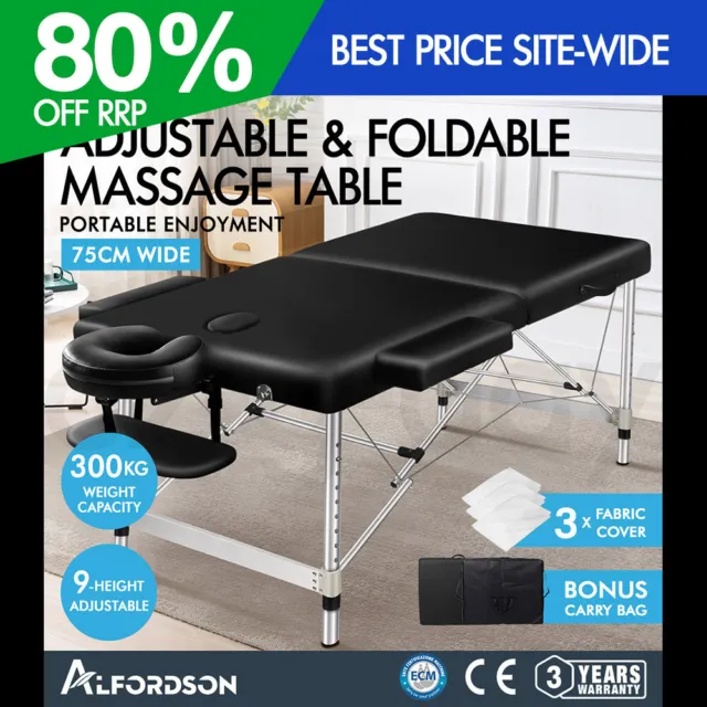ALFORDSON Massage Table 2 Fold 75cm Portable Aluminium Waxing Bed Therapy
