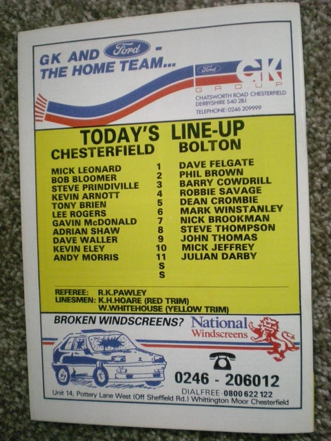CHESTERFIELD TOWN V BOLTON WANDERERS,14th MARCH 1989, NO WRITING, MINT ...