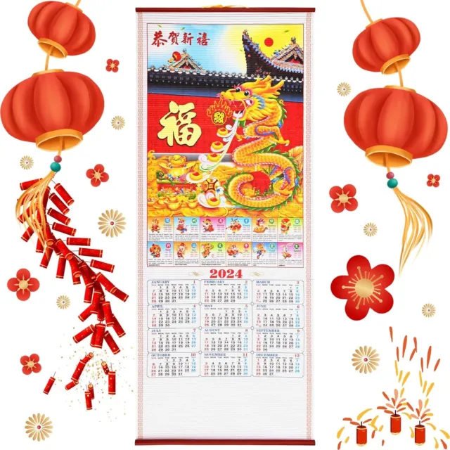 CHINESE LUNAR NEW Year Wall Calendar Scroll, 2024 Dragon Zodiac