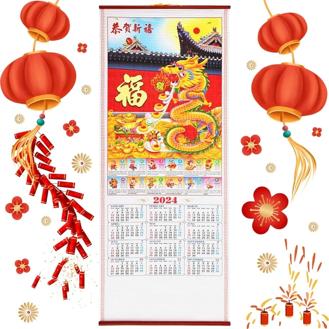 CHINESE LUNAR NEW Year Wall Calendar Scroll 2024 Dragon Zodiac 