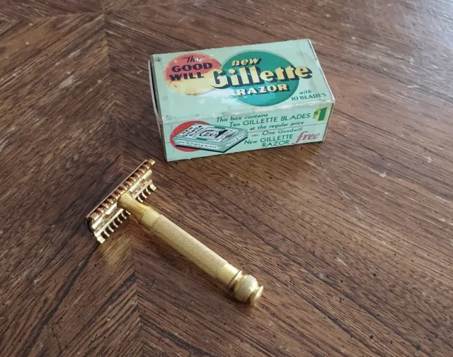 Old Gillette Safety Razor Pat. Dated 1920 Gold Tone RARE ORIGINAL BOX Shaving