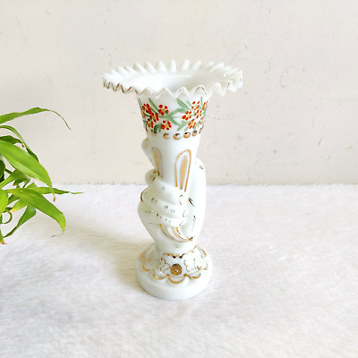 Antique Hand Shape Enameled Decorated White Glass Flower Vase Japan Collectible