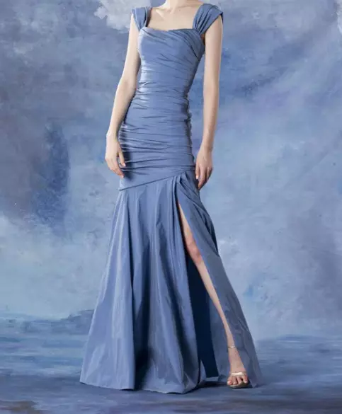 Theia ‎Blue Evening Dress Gown Asymmetrical Mermaid Silhouette Stretch Ruched 4