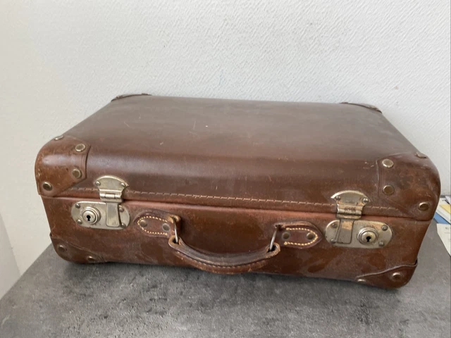 Valise Ancienne Jr. Garantie - Beige/Marron - Toile Et Cuir - Légère Avec Serrure - Vintage
