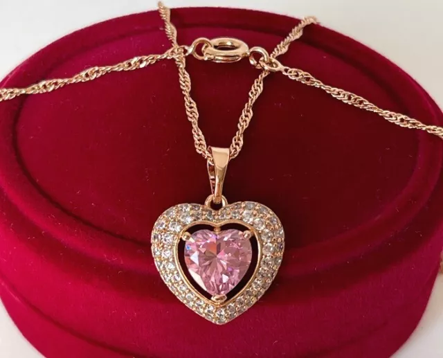 Luxus Halskette Herz Anhänger Zirkonia Collier Rosa 750er Gold 18K vergoldet