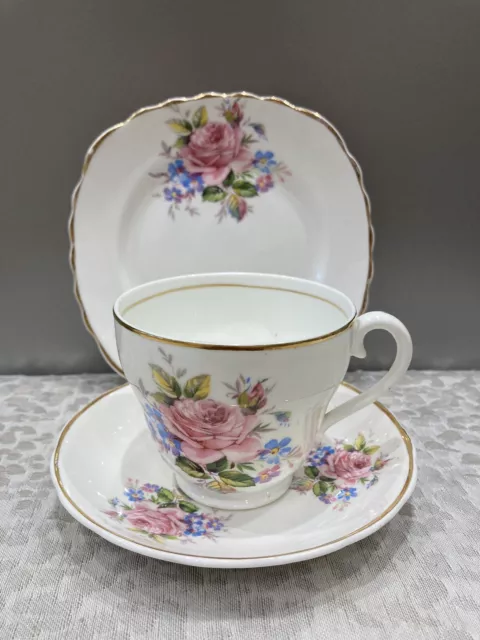 VINTAGE Fine Bone China Made In England Pink Florals Trio Cup Saucer & Plate VGC