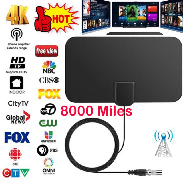 8000Miles Indoor TV Antenna Aerial HD Digital Signal Amplified Freeview 4K 1080P