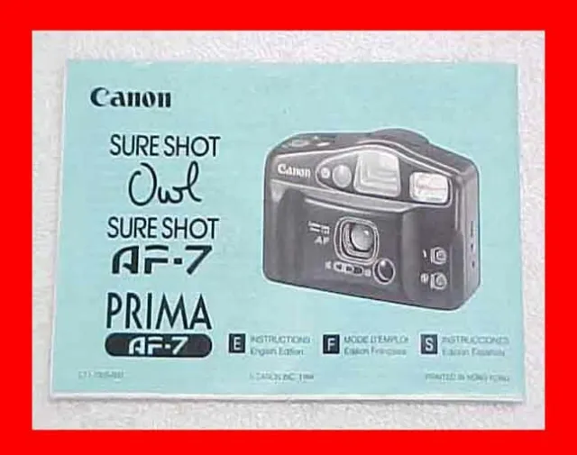 Canon Sure Shot Owl Af-7 Prima 35Mm Camera Owners Manual Booklet