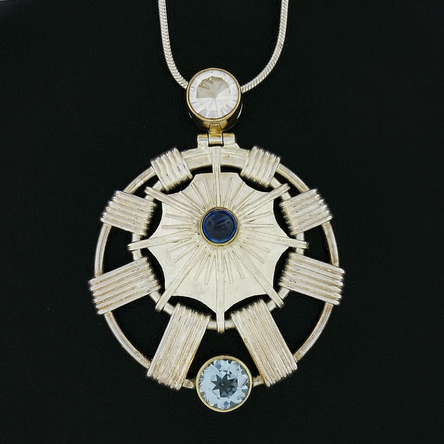 Michou Sterling Silver Bezel Set Multi Gemstone Open Ribbed Disk Pendant & Chain