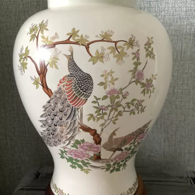 Vtg BHS ceramic table lamp ginger jar style 38cm birds, trees & flowers design