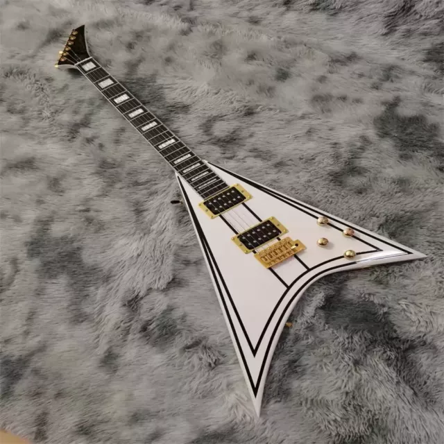 BLACK PINSTRIPE WHITE Flying V-shaped Electric Guitar Gold Hardware ...
