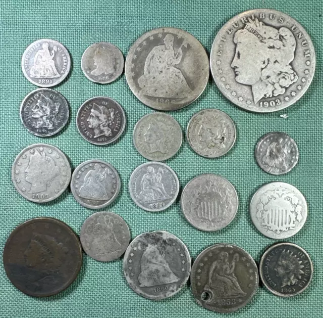 U.S. CULL JUNK Type Coin Lot Large Cent,Seated & Bust, Half Dime, Shield, $,3c