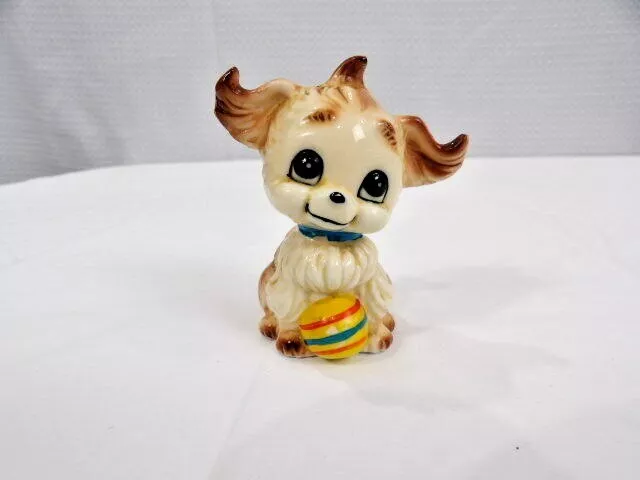 Vintage Ceramic Big Eyed Playful Puppy Dog Figurine with Striped Ball