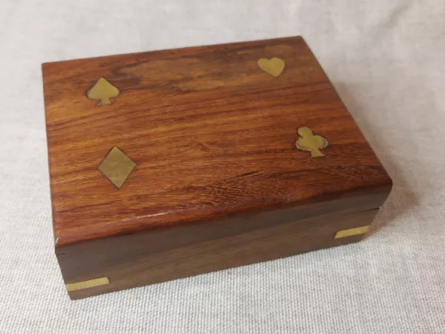 Wooden Card Deck Box With Brass Inlay Design & Playing Card Set