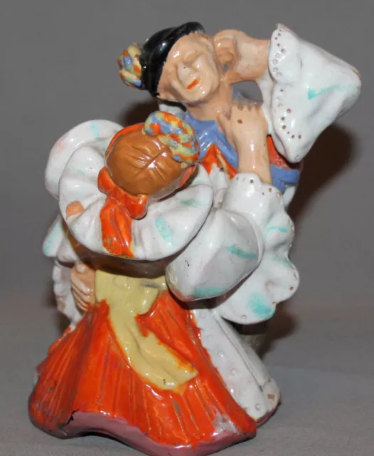 Antique German Folk Hand Made Glazed Pottery Figurine Man Woman Dancers