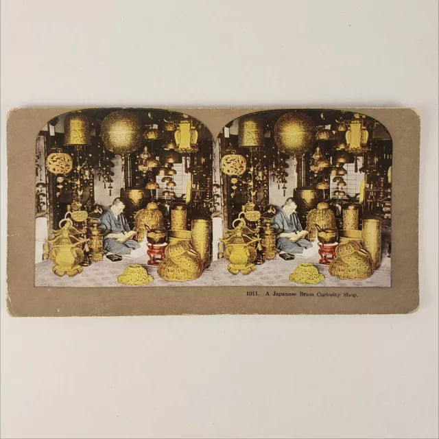 Japanese Brass Curiosity Shop Stereoview c1905 Asian Man Japan Store Card H39