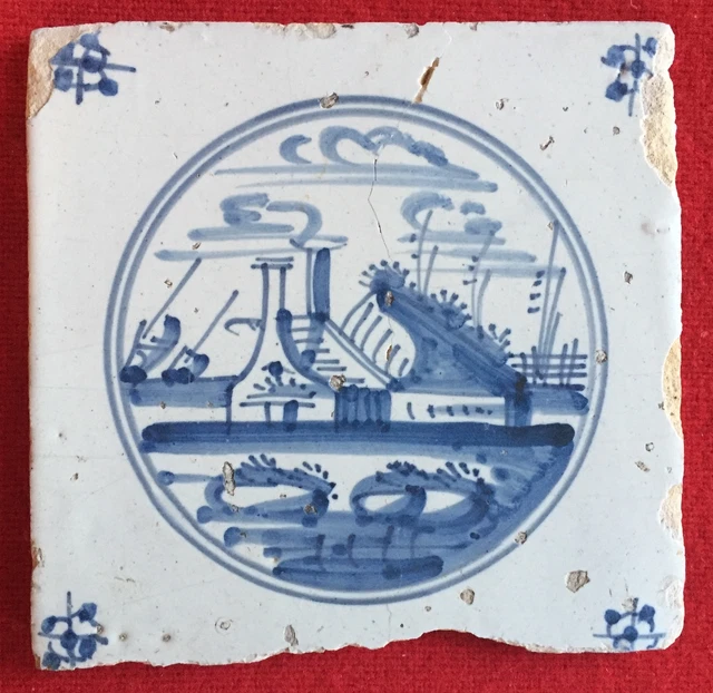 Antique 18th / 19th century Delft Tin Glazed Landscape Tile Blue & White Castle