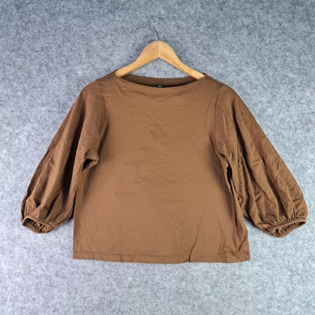 Uniqlo Top Womens Small Brown Round Neck Puff Sleeve Casual 6094