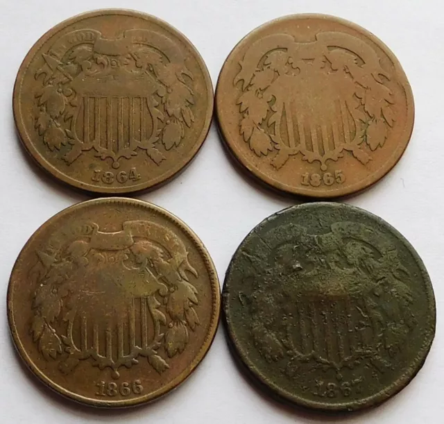 Lot of 4 Two Cents Pieces 1864, 1865, 1866, 1867, Four 2C coins