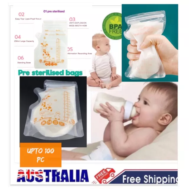 250ML 100pcs Pre-Sterilised Breastmilk Baby Breast Milk Storage Bags Pouches AU