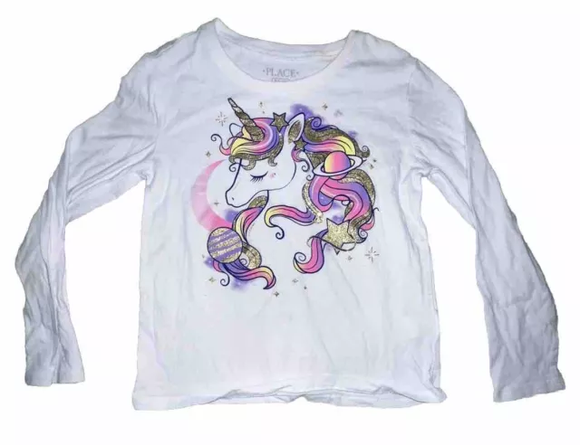 The Children's Place Girl's White Long Sleeve Unicorn Graphic T-Shirt Size S 5/6