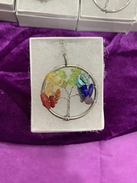 Pendant Necklace Natural Gemstone Tree of Life 7 Chakra Healing Crystal Charm