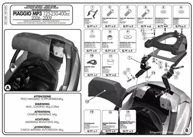 SR134M GIVI ATTACCO BAULETTO MONOLOCK per PIAGGIO MP3 125 250 300 400 2006 2007