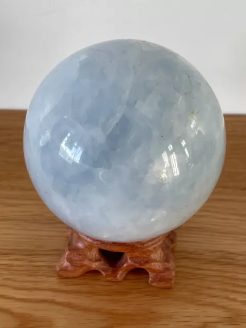 Natural Crystal: Large Blue Calcite Sphere 67mm Diameter + free Wooden Stand