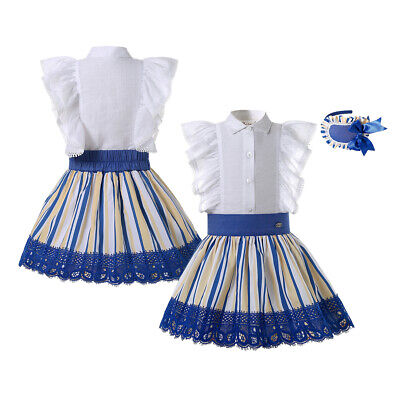Girls White Shirt with Blue Striped Skirt Set Spanish Style Dress Party Outfits
