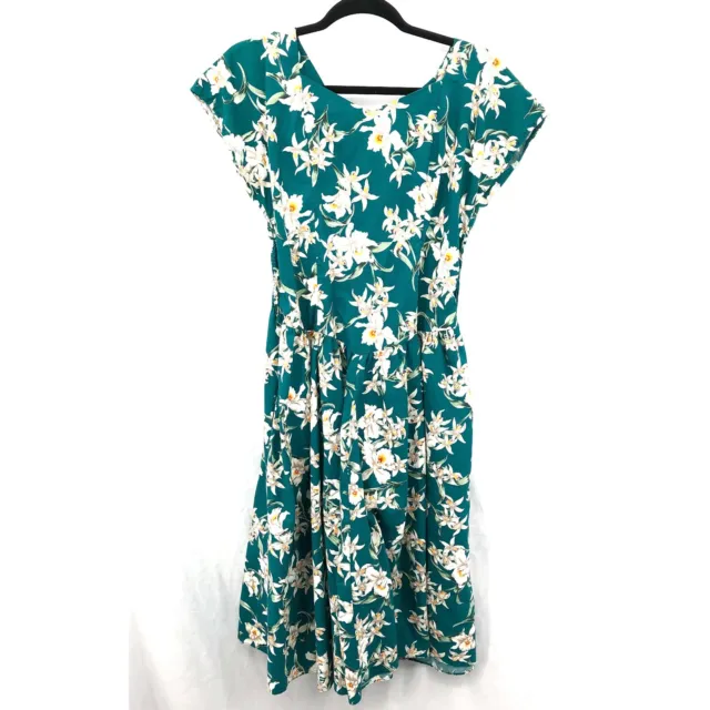 Vintage ROYAL CREATIONS HAWAII hawaiian floral Drop-Waist Midi Dress Green L